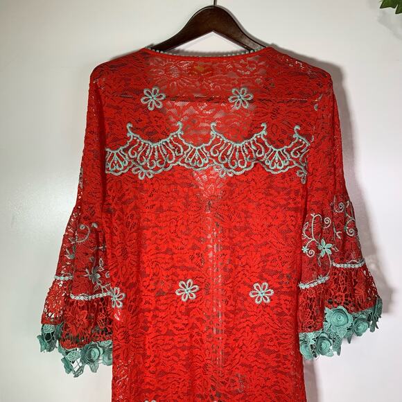 Antica Sartoria by Giacomo Long Lace Kimono Red Aqua Embroidered Boho Cover up - Picture 10 of 16